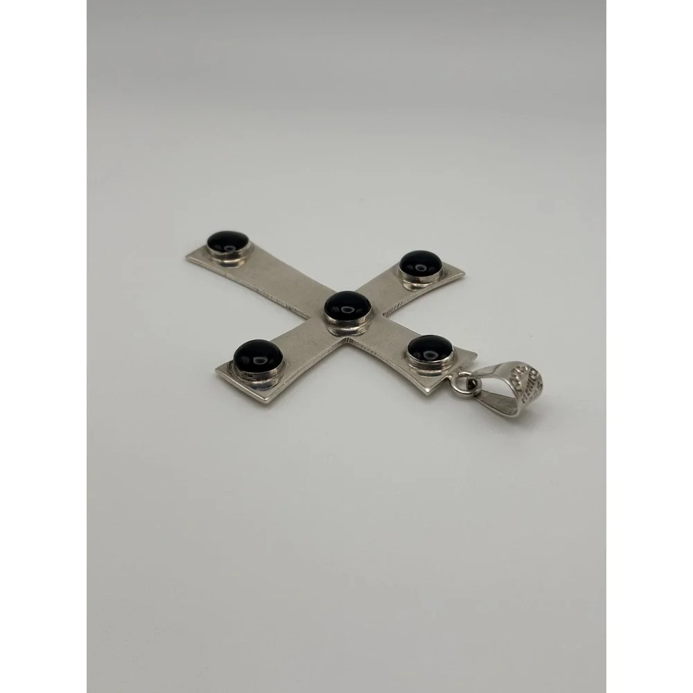 Large VTG Taxco Mexico 925 Sterling Silver 925 Black Onyx Cross Pendant